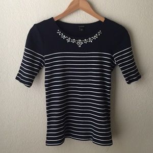 Ann Taylor Striped Jeweled Necklace Tee